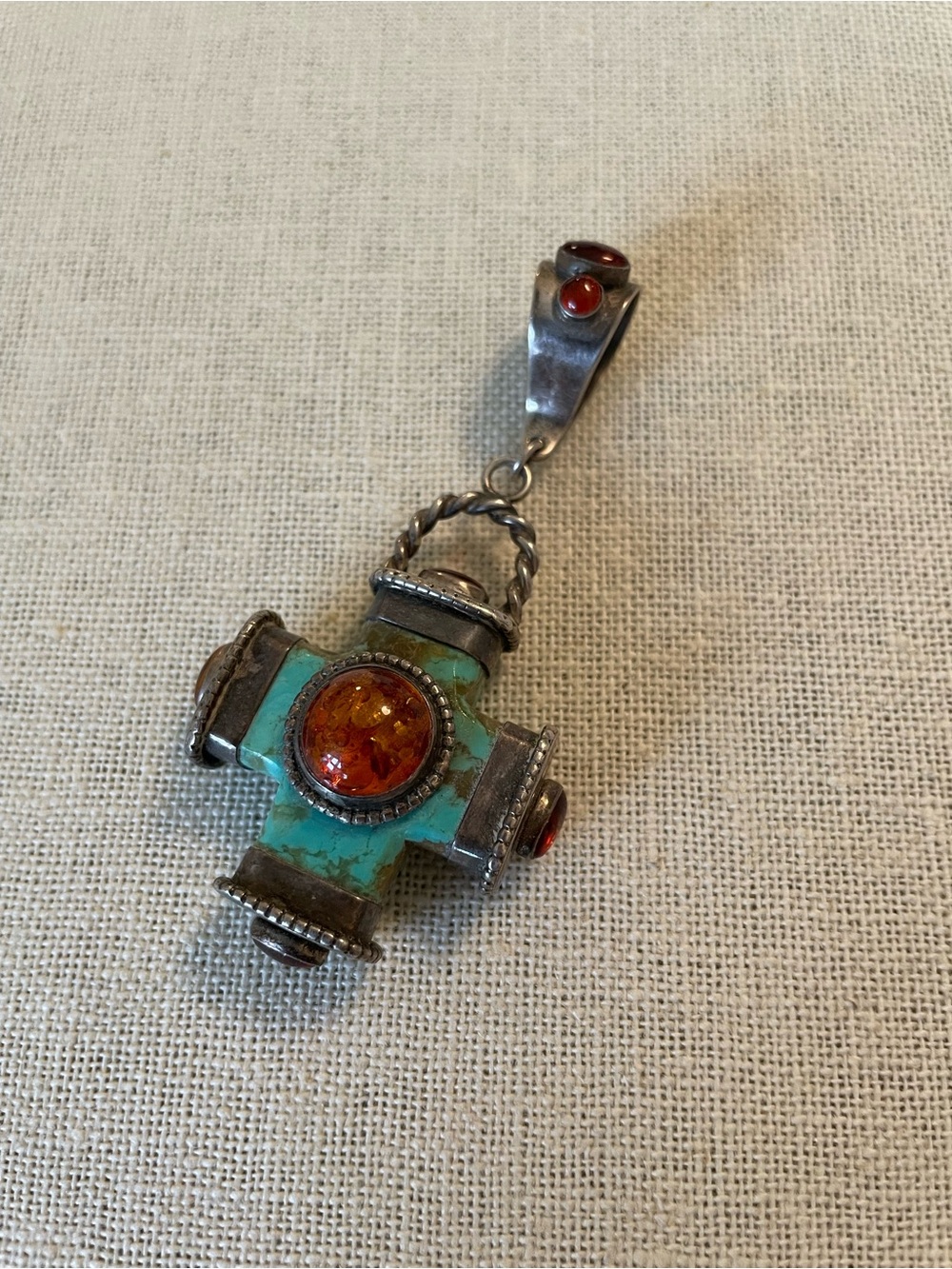 LARGE Reversible Sterling Silver, Turquoise, and Amber Cross Pendant - Picture 5 of 12